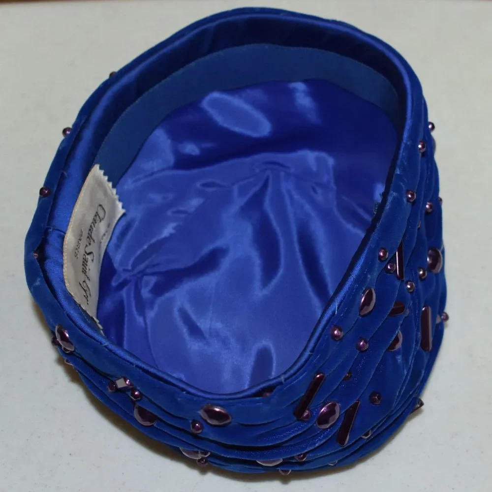Vintage Blue Claude Saint-Cyr Reproduction Pillbox Hat Purple Accents Turban - Picture 11 of 13
